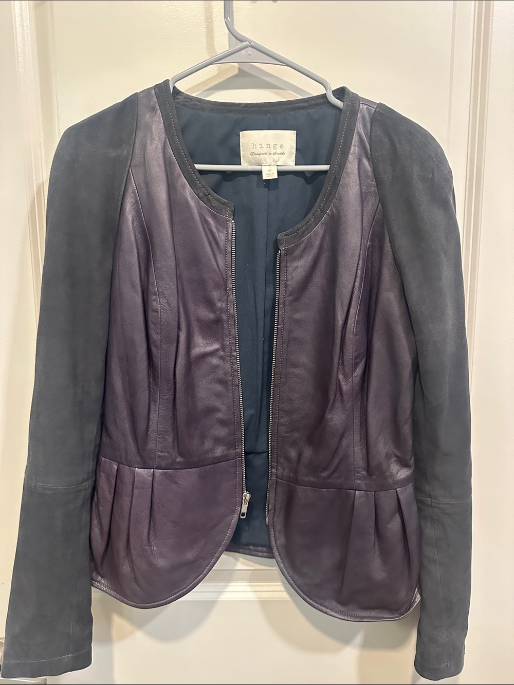 hinge Purple Leather Jacket with Charcoal Suede Sleeves